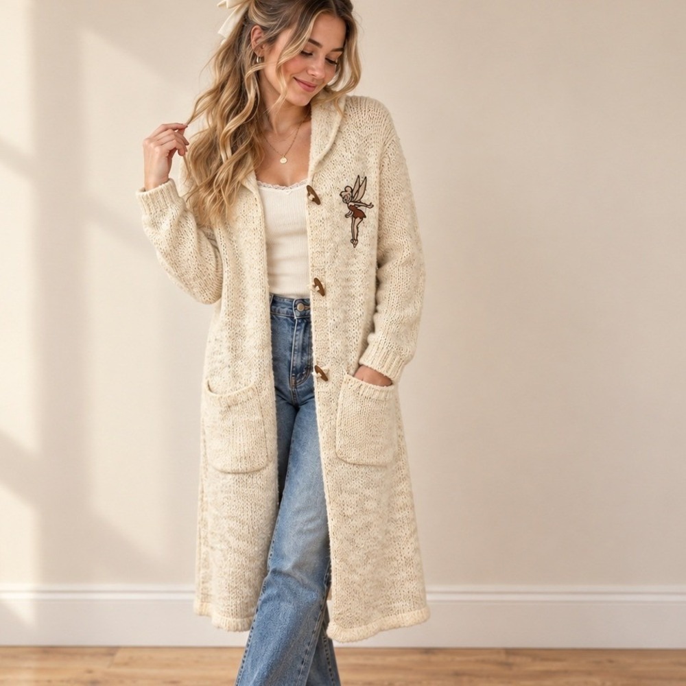 Disney Tinkerbell Duster Cardigan Chunky Knit Hooded Fairycore Cream M